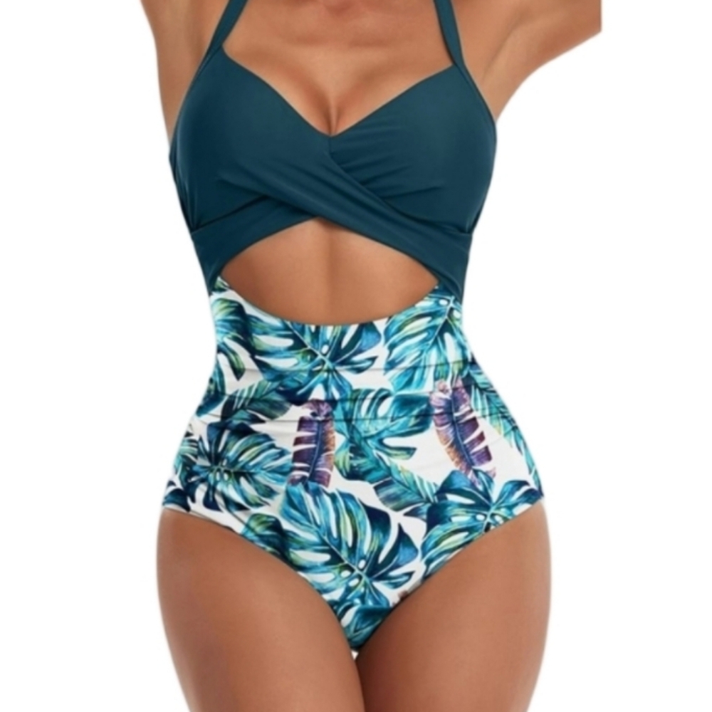 Eomenie Leaf Print Cutout One Piece Swimsuit Teal Large